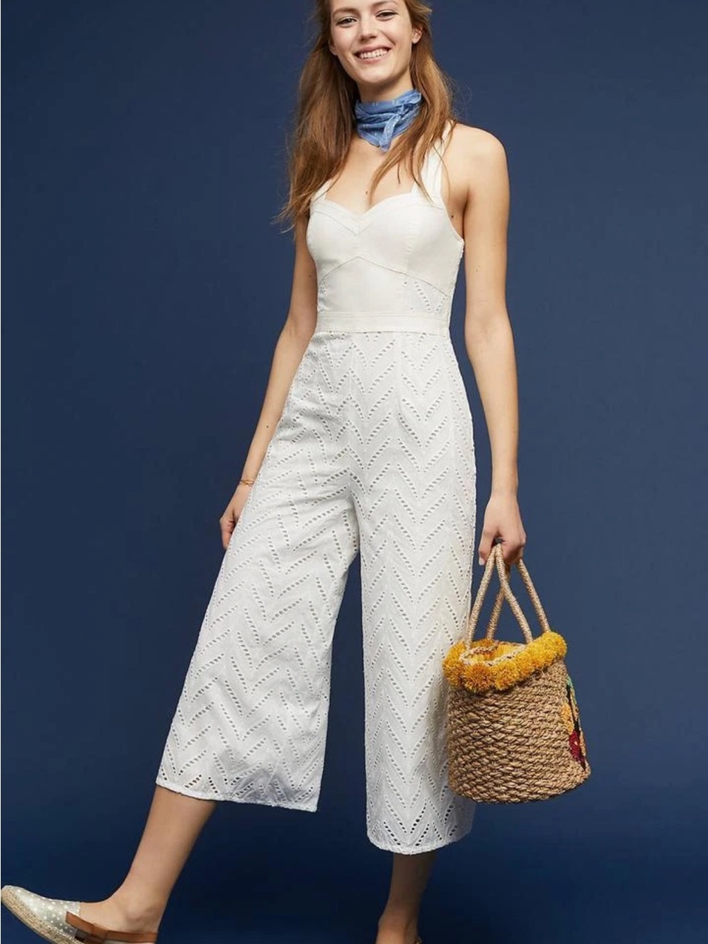 Ett Twa Anthropologie White Eyelet Lace Jumpsuit Size 14 Wide Leg Sleeveless‎